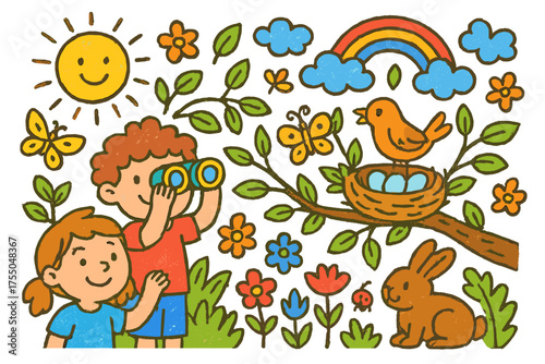 Nest Watch Adventure. Nest Observation. Colorful Hand-drawn doodle Children illustration children watching, birds, eggs, nests, branches, trees, leaves, sun,