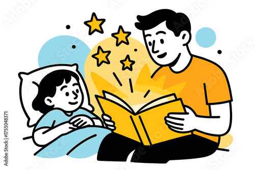Bedtime Story Glow. Bedtime Book Glow. Child lying on bed listening, parent reading, abstract glowing book and floating stars, warm soft lighting. Modern