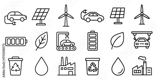 Eco-friendly energy line icons set – outline, sustainable and green technology symbols