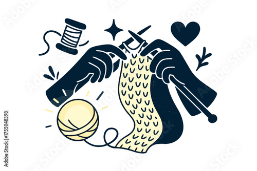 Glowing Yarn Magic. Knitting project. Glowing yarn ball unraveling as hands knit a scarf. Floating icons of thread, sparkle, and heart symbolizing patience.