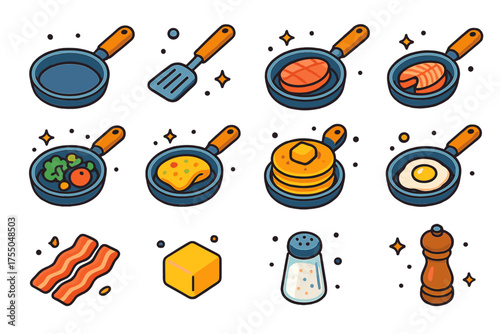 Colorful Kitchen Icon Set. Kitchen Pan. Colorful isometric vector icons set of kitchen pan: frying pan, spatula, steak, fish fillet, vegetables, omelet,