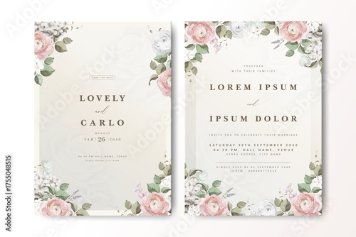 Charming wedding invitation card design featuring soft pink and cream roses with green leaves. Elegant text layout on a neutral background, perfect for weddings and VIP events.