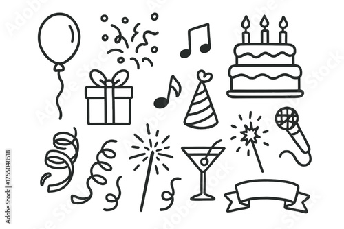 Party Doodle Icons. Party. Hand-drawn doodle illustration Party balloon confetti cake gift music note hat streamer sparkler cocktail microphone ribbon. Simple