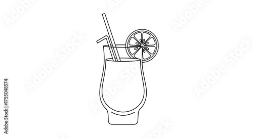 Vector art of cocktail glass with straw and orange slice, summer drink