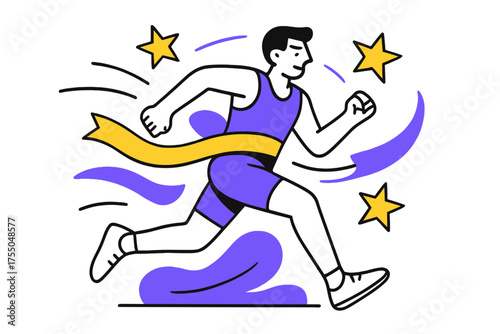 Victory Sprint Finish. Person running. Sprinter breaking the finish line tape, floating stars and motion arcs highlighting victory and speed, minimal