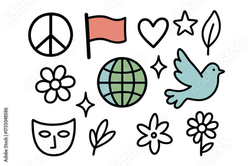 Peaceful Symbolic Doodles. Cultural Symbols. Hand-drawn doodle illustration peace sign (colored), flag (colored), heart, star, globe (colored), leaf, sparkle,