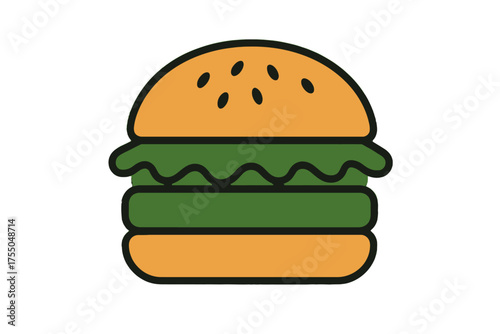 Simple vector illustration of a classic hamburger with a sesame seed bun, fresh lettuce, and patty, ideal for fast food menus, restaurant branding, or a culinary blog's graphic design