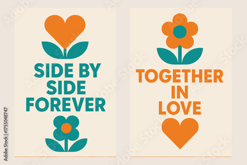Abstract Banners of Love. Side by side forever. Two vertical A6 banners with safe margins, centered composition, no elements touching edges, geometric,