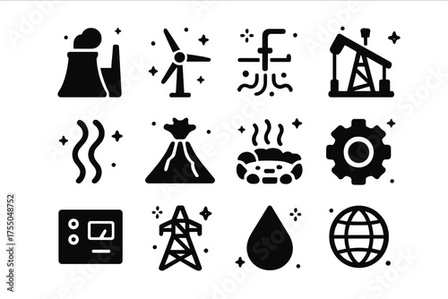 Energy Icons Collection. Energy stations. Solid icons set of Energy stations: power plant, turbine, geothermal pipe, drilling rig, steam, volcano, hot spring,