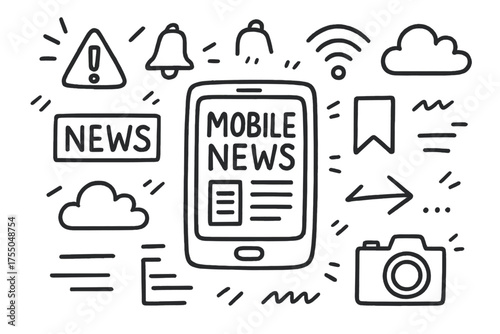 Mobile News Icons. Mobile News. Hand-drawn doodle illustration Mobile News smartphone app tablet alert notification headline article bookmark wifi cloud