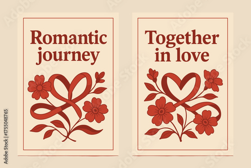 Romantic Journey Banners. Romantic journey. Two vertical A6 banners with safe margins, centered composition, no elements touching edges, retro, red and beige,