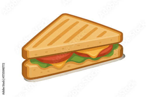 Vibrant cartoon illustration of a delicious toasted sandwich, filled with melted cheese, fresh tomato, and crisp lettuce, presented as an appetizing meal option for menus and food designs
