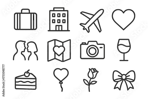 Romantic Getaway Icons. Romantic getaway. Line icon set of Romantic getaway: suitcase, hotel, plane, heart, couple silhouette, map, camera, wine glass, cake,