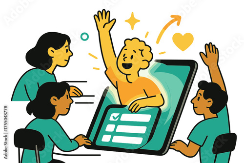 Interactive Learning Scene. Student-centered. Glowing child raising hand as adaptive tablet screen reshapes with their answers. Floating icons of sparkle,