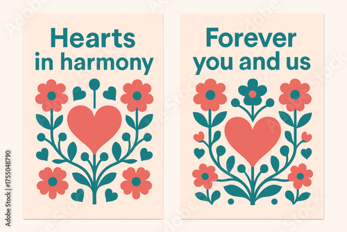 Hearts in Harmony. Hearts in harmony. Two vertical A6 banners with safe margins, centered composition, no elements touching edges, bauhaus, pink and teal,