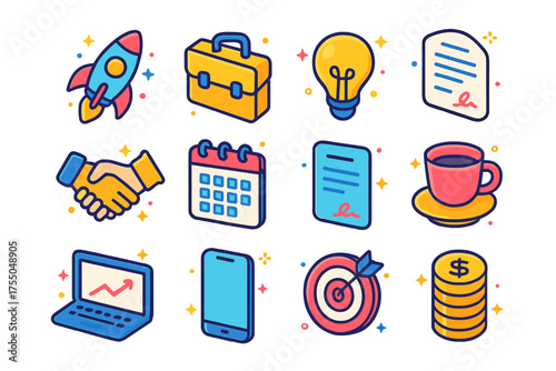 Isometric Business Icons. Business Launch. Colorful isometric vector icons set of business launch: rocket, briefcase, light bulb, handshake,