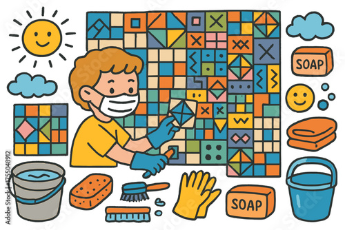 Colorful Bathroom Tiles. Modern Bathroom Tiles. Colorful Hand-drawn doodle Children illustration child placing tiles, geometric patterns, colorful tiles,