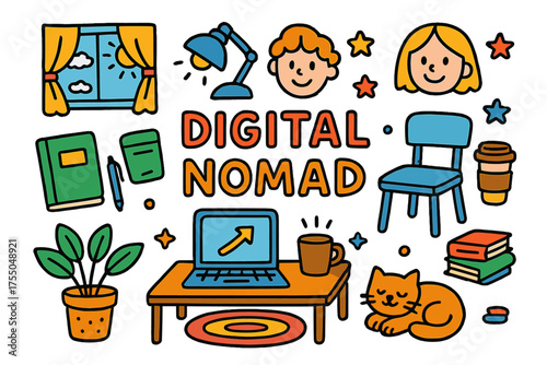 Digital Nomad Essentials. Digital Nomad. Colorful Hand-drawn doodle Children illustration laptop, backpack, coffee cup, notebook, pen, desk, chair, plant,
