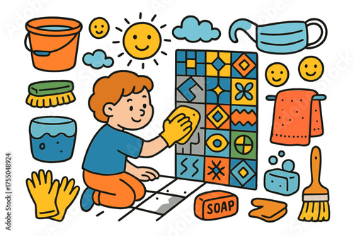 Colorful Tile Renovation. Tile Renovation. Colorful Hand-drawn doodle Children illustration modern tiles, child applying grout, sponge, bucket, brush, water,