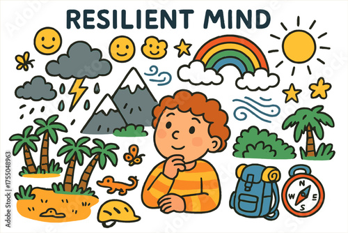 Adventurous Child's Imagination. Resilient Mind. Colorful Hand-drawn doodle Children illustration child thinking, storm clouds, mountains, desert, jungle,