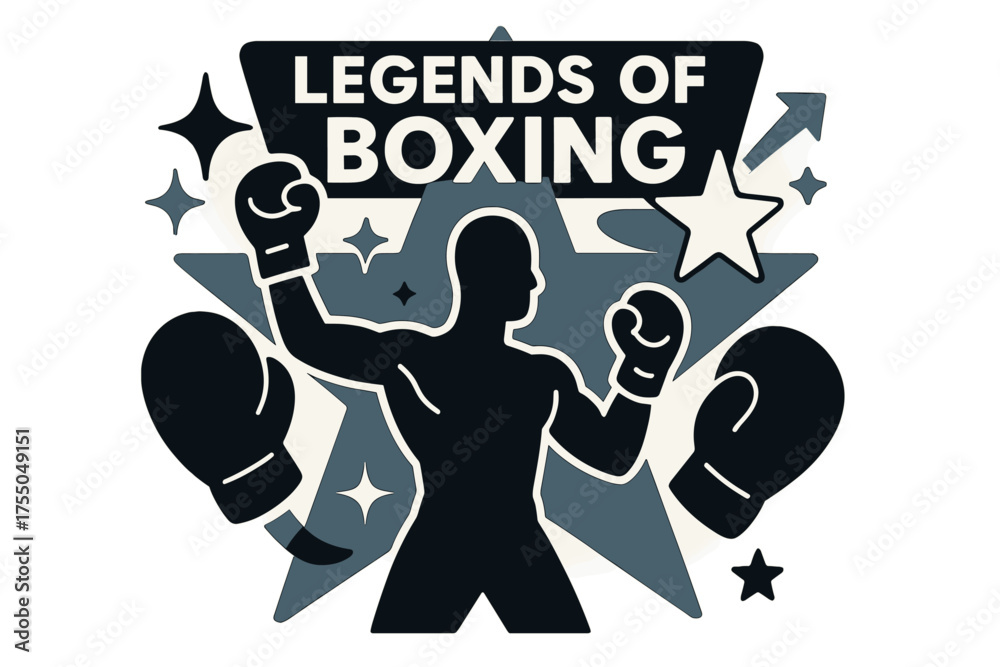 Obraz premium Boxing Legends Sparkle. Legends of boxing. Glowing poster-like scene with silhouette of champion boxer framed by bold stars and gloves. Floating icons of