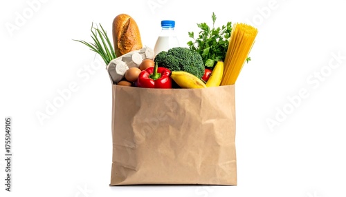 Grocery Bag Filled with Fresh Food Items on White Background.