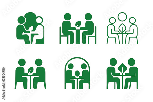 Green Workspace Logos. Coworking Spaces with Green Design. Set Logo of Coworking Spaces with Green Design: stylized collaborative green workspace. harmonious