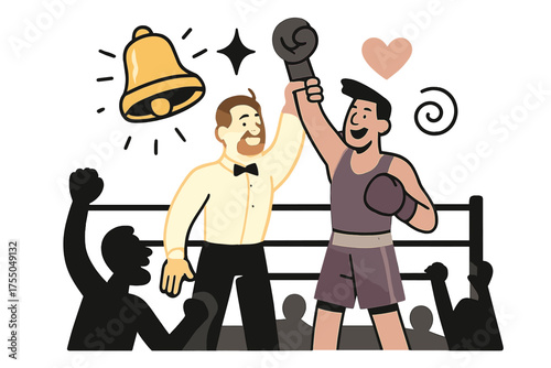 Victorious Boxer Celebration. Victory bell. Glowing referee raising a boxer?s arm in the ring with audience silhouettes cheering. Floating icons of sparkle,