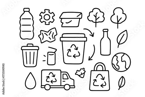 Recycling Symbols Illustration. Recycling. Hand-drawn doodle illustration recycling recycle bin, arrows recycle symbol, plastic bottle, can, paper, glass