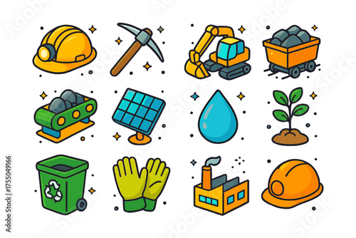 Sustainable Mining Icons. Sustainable Mining. Colorful isometric vector icons set of sustainable mining: mining helmet, pickaxe, excavator, ore cart, conveyor