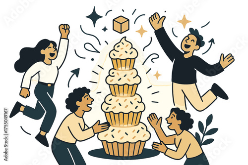 Glowing Cupcake Tower. Cupcake tower. A stack of glowing cupcakes with rainbow sprinkles cascading down the tiers. Floating icons of sparkle, cube, and star