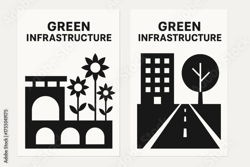 Geometric Green Banners. Green Infrastructure. Two vertical A6 banners with safe margins, centered composition, no elements touching edges, geometric, black