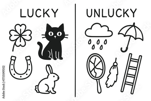 Luck Symbols Doodles. Lucky vs Unlucky. Hand-drawn doodle illustration Lucky vs Unlucky four-leaf clover black cat horseshoe broken mirror rabbit foot cloud