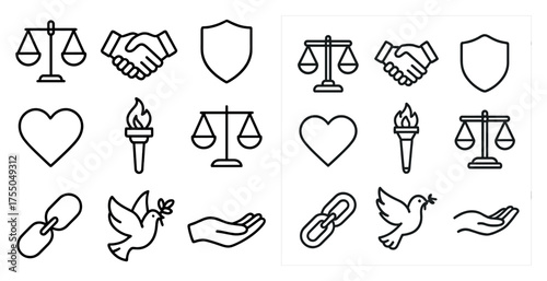 Justice and peace outline icons set – linear, law, equality and harmony symbols