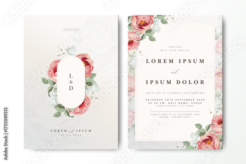 Romantic wedding invitation card design with soft watercolor roses and greenery, featuring a delicate oval frame with initials "L & D." Perfect for elegant wedding and reception invitations.