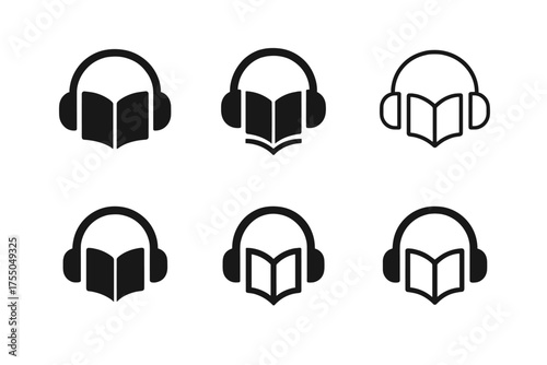 Creative Workshop Logos. Remote Workshops for Personal Development. Set Logo of Remote Workshops for Personal Development: headphones with book. harmonious