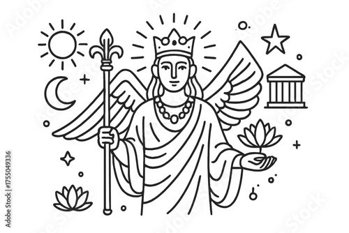 Ancient Deity Symbols. Ancient Deity. Hand-drawn doodle illustration Ancient Deity crown halo robes scepter temple wings lotus flower sun moon star jewelry.