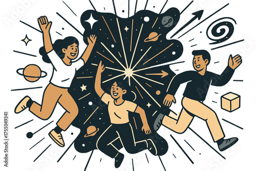 Expansive Cosmic Motion. Expanding cosmos. Glowing lines radiating outward with stars, galaxies, and planets in motion. Floating icons of sparkle, swirl, and