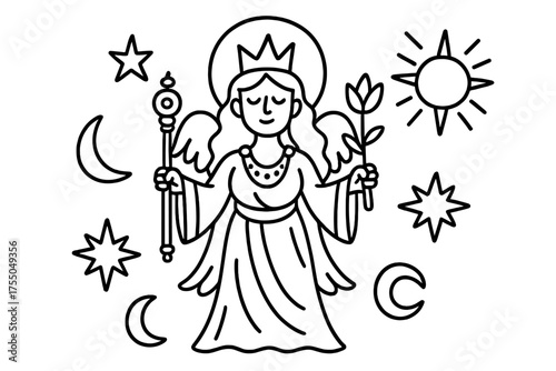 Mythical Goddess Illustration. Mythical Figure. Hand-drawn doodle illustration Mythical Figure goddess crown halo flowing robes scepter lotus flower wings star