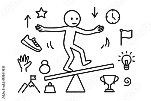 Balancing Act Doodle. Person balancing on a high beam. Hand-drawn doodle illustration balance beam person figure, beam, star, arrow up, arrow down, shoe,