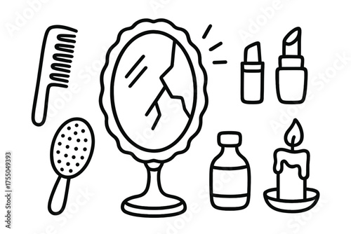 Vanity Doodle Icons. Vanity. Hand-drawn doodle illustration Vanity mirror frame crack light reflection comb brush lipstick bottle candle. Simple cartoon-style