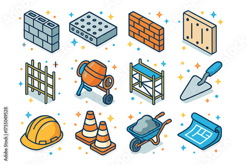 Colorful Construction Icons. Concrete walls. Colorful isometric vector icons set of concrete walls: cinder block, reinforced concrete slab, brick pattern, wall