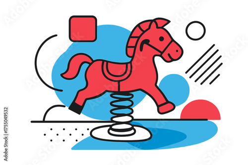 Abstract Playground Design. Playground Layout. Spring rider base among abstract geometric playground surfaces and floating decorative shapes, clean and minimal