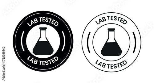 Lab tested badge icons with flask and bubbles in teal and black for product safety, scientific validation, and quality assurance. Lab tested logo, label, sign, badge, symbol, banner, line, flat vector