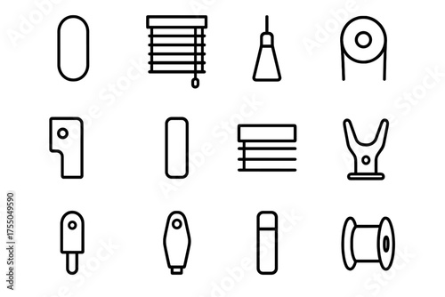 Manual Blinds Icons. Manual blinds. Line icon set of Manual blinds: cord loop, cord lock, tassel, pulley, bracket, handle, slat, cleat, cord guide, tensioner,