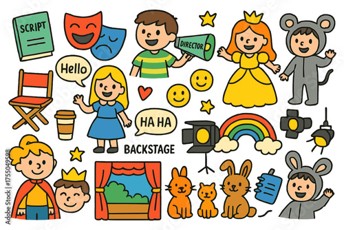 Theater Creativity Unleashed. Theater Team. Colorful Hand-drawn doodle Children illustration actors, director, scripts, stage props, costumes, chairs, lights,
