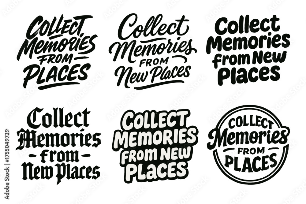 Fototapeta premium Creative Lettering Grid. Collect Memories from New Places. Set lettering. harmonious lettering variations of the same emblematic concept, each with different