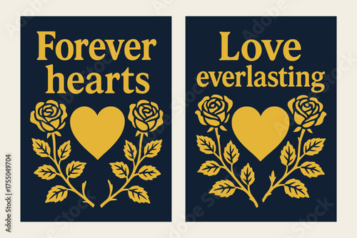 Forever Hearts Banners. Forever hearts. Two vertical A6 banners with safe margins, centered composition, no elements touching edges, bold, navy and gold, roses