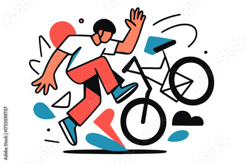 Dynamic Freestyle Stunt. Freestyle Tricks. Rider performing abstract geometric freestyle stunt, floating motion lines and dust shapes, dynamic and playful