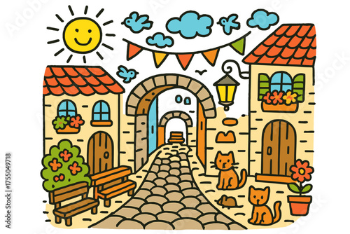 Colorful Ancient Alley. Ancient Alley. Colorful Hand-drawn doodle Children illustration narrow street, cobblestones, lanterns, arches, rooftops, doors,